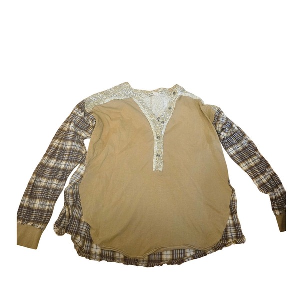 Three Bird Nest Mixed Media Henley Top Tan Plaid Floral Boho Long Sleeve Medium - Picture 2 of 6
